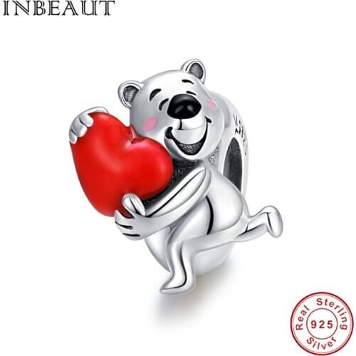 Real 100% 925 sterling silver polar bear beads red love heart enamel charm fit brand jewelry bracelet DIY woman gift making