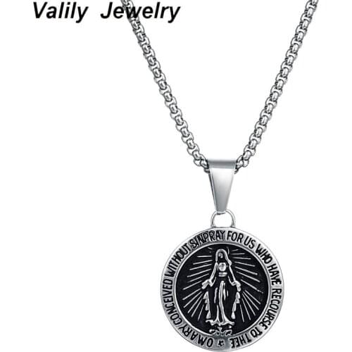 Valily Gold Virgin Mary Medallion Necklace Stainless Steel Round Miraculous Medal Blessed Mother Pendant Necklaces for Women Men