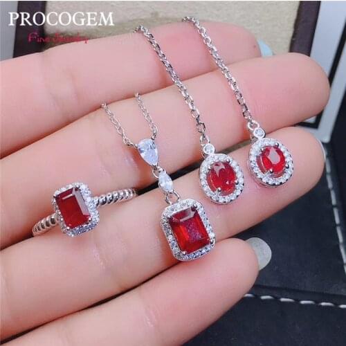 PROCOGEM Natural Heated Ruby Jewelry sets for Women Party Ring Necklace Earrings Genuine Red gemstones 925 Sterling Silver #752