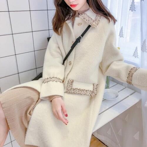 Spring and autumn fashion small fragrance style mink fleece sweater coat women loose mid-length coat knitted cardigan tide