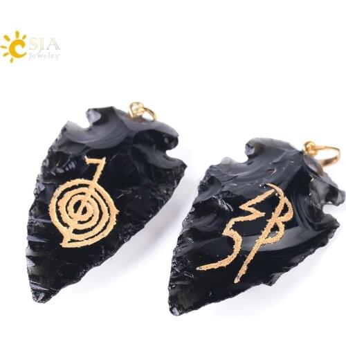 CSJA Yoga Meditation Jewellery for Men & Women Cho Ku Rei OM AUM Natural Stone Pendant Black Obsidian Reiki Chakra Jewelry F394