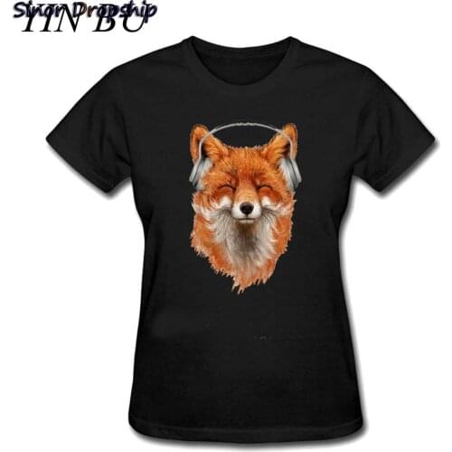 Womens Smiling Musical Fox T Shirt Woman Gifts T-shirt Funky Tee Shirts Female Black T Shirts S-XL