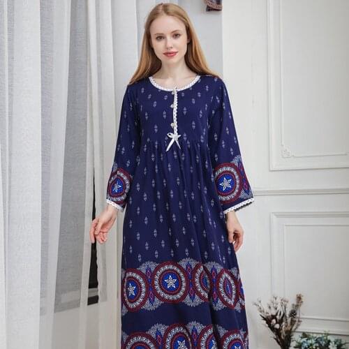 Womens Printed Nightdress For Spring Autumn Ninth Sleeve Cotton Loose Fit Plus Big Size Long Lengthen Home Sleeping Dress Red