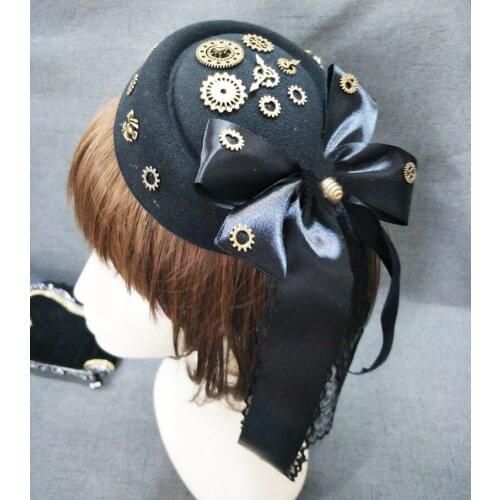 Women Steampunk Fascinator Mini Top Hat Hair Clip Punk Gothic Gears Ribbon Lace Decoration Headwear Hair Accessories Gothic