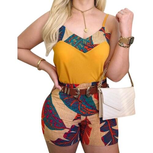 2021 Summer Womens Elegant Vacation Casual Suit Set Womens Holiday Spaghetti Strap V-neck Printed Top and Shorts Set