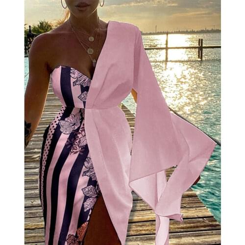 Sexy Women Fashion Summer One Shoulder Irregular Flared Sleeve V Neck Split Party Club Gown Dresses Female Clothing