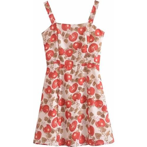 YENKYE Sexy Sling Dress Women Vintage Tomato Print Chiffon Short Dress Female Prairie Chic Holiday Summer Vestido