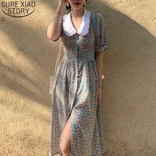 Puff Sleeve Vintage Peter Pan Collar Boho Dress Sweet Floral Print Summer Dress 2021 Fashion Women Chiffon Casual Vestido 14036
