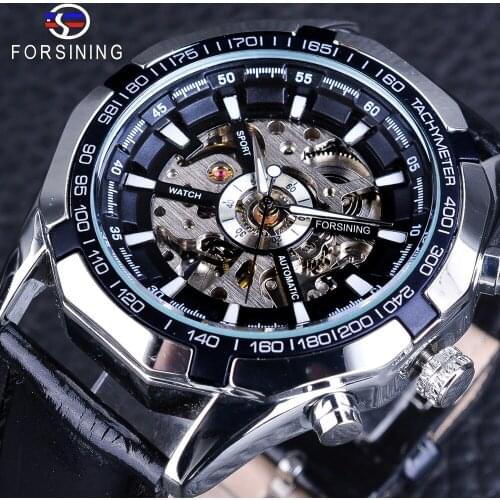 Forsining Steampunk Automatic Mens Watch Silver Case Luminous Hands Sport Watches uhren herren Black Band Mechanical Clock Male