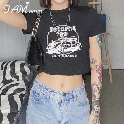Car Print Harajuku Black Cotton T-shirt Women Vintage Gothic Short Sleeve O-neck Basic Cropped Top Tee Y2K Korean Shirt Iamhotty