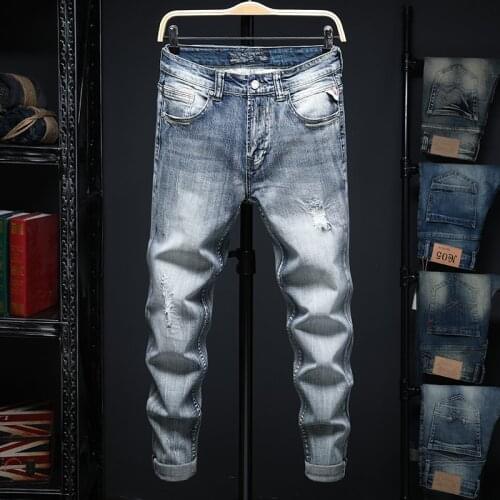 Men Stretchy Ripped Skinny Biker Embroidery Print Jeans Destroyed Hole Taped Slim Fit Denim Scratched High Quality Jean