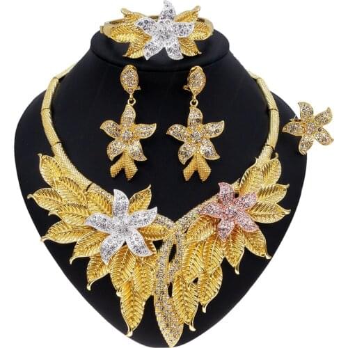Yulaili Fashion Crystal Flower Necklace Earrings Bracelet Ring Jewelry Sets For Women Nigerian Wedding Dubai Bridal Jewelery Set