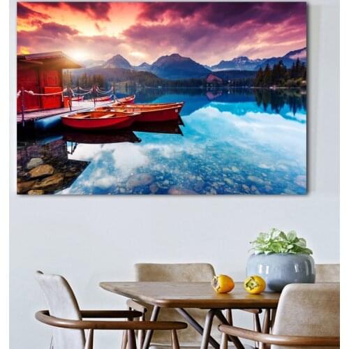 Boat High Tatras Lake Mountain Slovakia Sunset landscape Home Decor Posters and Prints Canvas Wall Art Room decorations