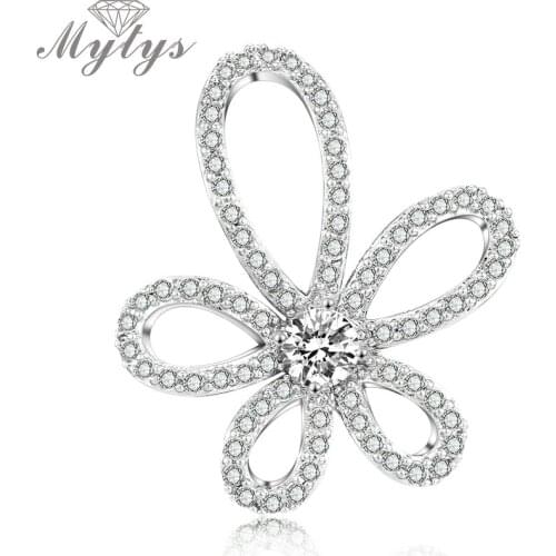 Mytys Cubic Zircon Silver Color Ribbon Flower Shape Collar Brooch Pin Wristband Cuff Jewelry Wholesale Gift for Girls Women X314