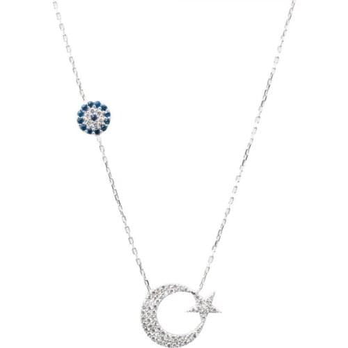 Silver Crescent Star Style Zircon Gemstone Pendant Women Silver Evil Eye Beead Necklace Solid 925 Sterling Silver Made in Turkey