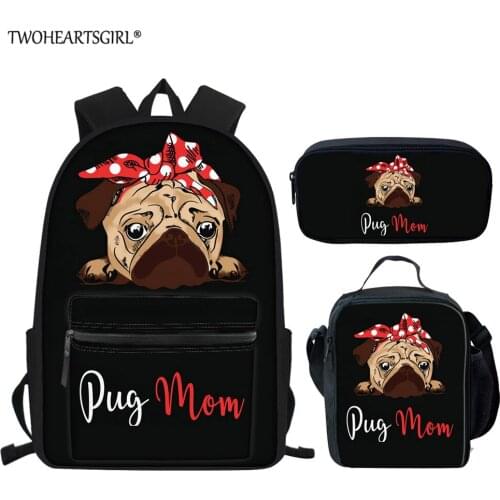 Twoheartsgirl 3pcs/set Schoolbag Backpack for Children Lovely Pug Print Teen Girls Boys School Bag Students Dog Book Bags