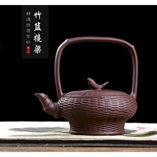 Raw ore purple clay pure manual authentic bamboo basket lifting beam tea set gift customization agent delivery