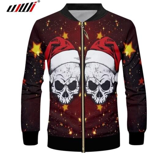 UJWI Mens Christmas Hat Pattern 3D Printed Yellow Star And Funny Skull Man The New Listing Clothing Zip Jacket
