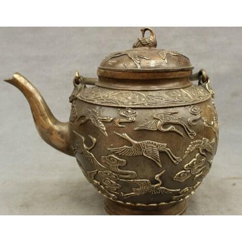 USPS to USA S1447 11" Marked Chinese Bronze Copper 100 Fly Crane Statue Folk Teapot Wine Pot
