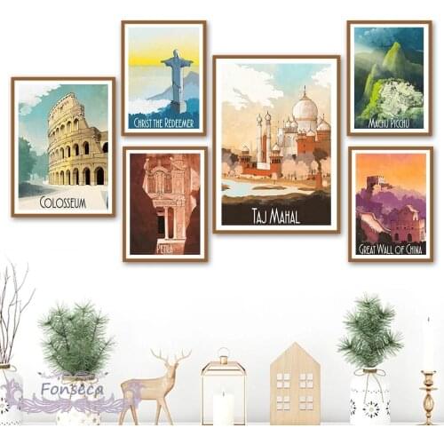 Vintage Famous Cityscape Poster Colosseum Taj Mahal Petra Christ Redeemer Canvas Painting Wall Art Pictures Aesthetic Room Decor