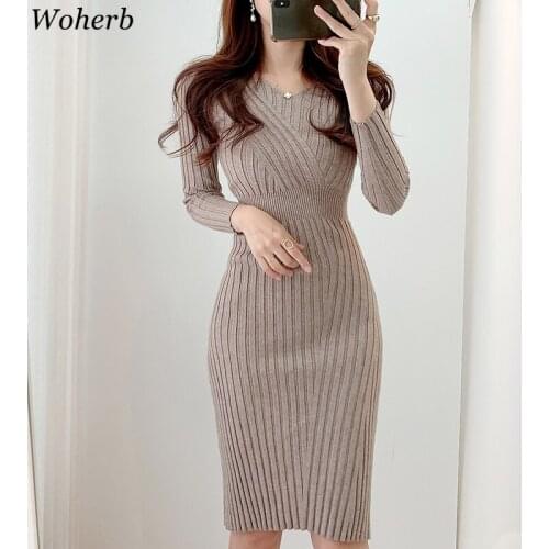 Woherb Knitted Dress Korean Chic Temperament V-neck Pullover Design Slim Slit Dresses Women Long Sleeve Auutmn Budycon Vestido
