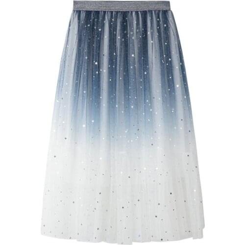 Gradient Long Skirt Women For Autumn 2020 Glittering Star Sky Mesh Fairy Fluffy Midi Skirt Women Elegant Empire Mesh Skirt Femme