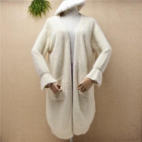 Female women clothing hairy plush angora rabbit fur knitwear long flare sleeves loose long sweater cardigans autumn winter coat