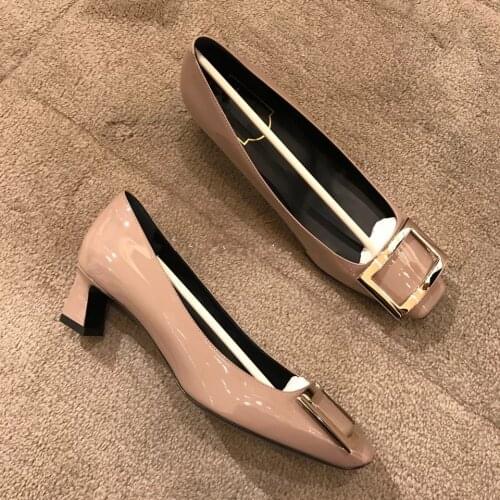 Womens shoes versatile fashion high-end patent leather square toe thick heel single shoes mid-heel square buckle high heels
