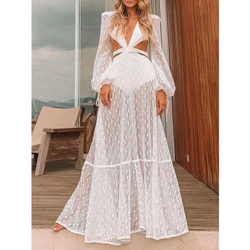 2021 women new sexy summer white lantern sleeve hollow out v neck backless long maxi split dresses purple wholesale