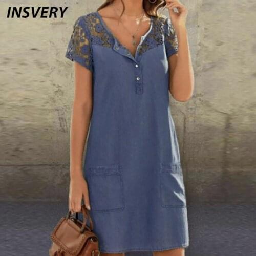 2021 Summer Womens Dresses Short Sleeve Lace Patchwork Button Denim Dress Women Elegant Party Dress Ladies With Pockets