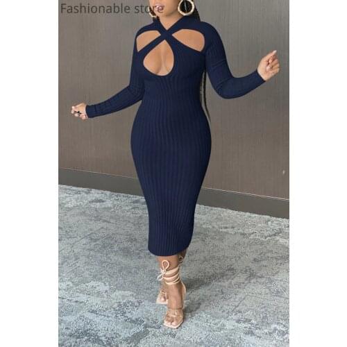 Women Criss-Cross Halter Hollow Long Sleeve Bodycon Dress Knitted Fabric Midi Dress