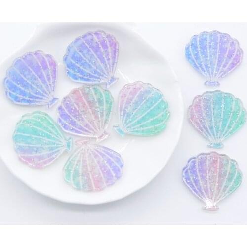 10Pcs 25*24mm Bling Rainbow Shell Resin Ocean Flat Back Print Acrylic DIY Baby Headwear Hair Clips Bow Ornament Accessories