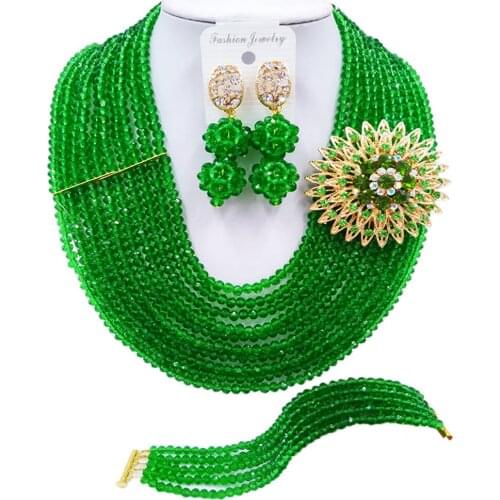 ACZUV Green Nigerian Wedding Party Jewelry Sets African Beads Jewelry Set Beaded Crystal Necklace Earrings 10C-DS015