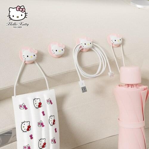 4pcs Hello Kitty Car Mounted Hooks for Groceries Bag Home Wall Decor Door Kitchen Bathroom KT Cat Hanging Strong Self Adhesive