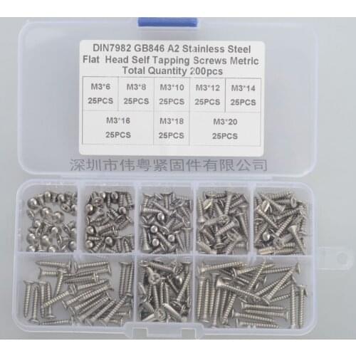 Free shipping 200 pcs 304 stainless steel m3 cross countersunk flat head self tapping screw sets