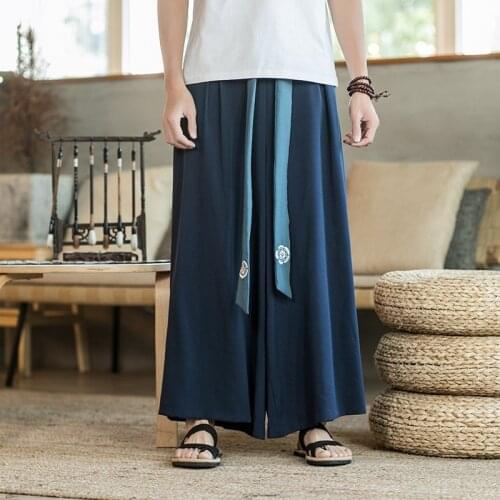 Chinese Style Hanfu Tang Suit Ancient Style Pants Men Loose Straight Skirt Pants Plus Size Ice Silk Thin Wide Leg Pants KK3732