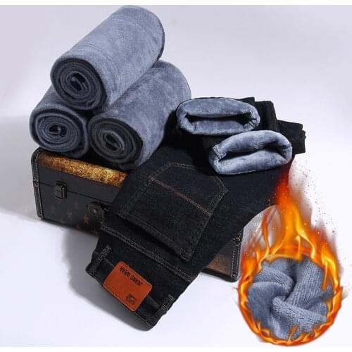 2021 Winter High Quality Fleece Elastic Straight Thick Trouser New Fashion Casual Big Plus Size Men Warm Jeans Jeans Male Brand
