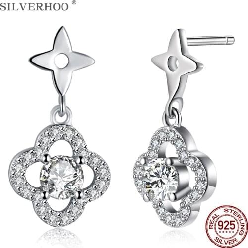 SILVERHOO 925 Sterling Silver Stud Earrings For Women Hollow Out Flower 5A Clear Cubic Zirconia Earring Anniversary Fine Jewelry