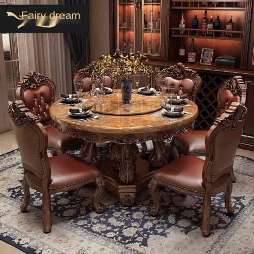 European style marble round table full solid wood carving antique family round dining table with turntable table and chair