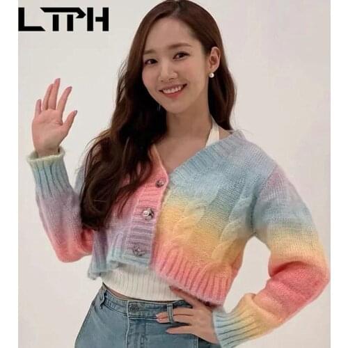 LTPH streetwear women sweaters outwear ins style short color gradient long sleeve cardigan casual knitted top 2021 autumn new