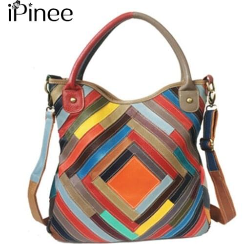 IPinee Fashion Women Large Shoulder Bag Travel Bags Colorful Cow Leather Bag Female Luxury Handbags Female Bags Design For Lady