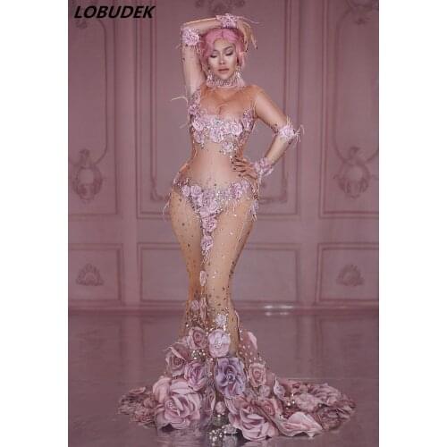 Fashion Pink Flowers Mesh See-through Rhinestones Long Dress Evening Party Singer Host Catwalk Trailing Dress Nightclub Costumes