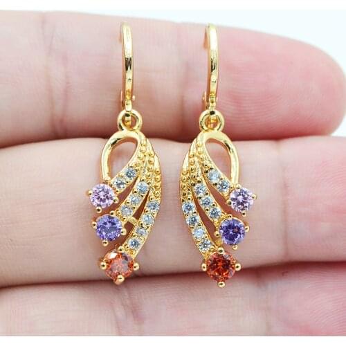 Fashion Jewelry Gold Color Rainbow Zircon CZ Stone Fairy Angel Wings Dangle Earrings for Women