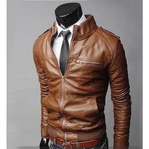 2021 New Motorcycle PU Leather Jacket Men Coat High Quality With Zipper Men‘s Stand Collar Jacket For Motorcycle