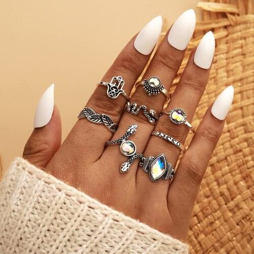 HuaTang 8pcs Vintage Crystal Snake Finger Rings Set for Women Boho Silver Color Leaf Fatima Hand Knuckle Rings Female Jewelry