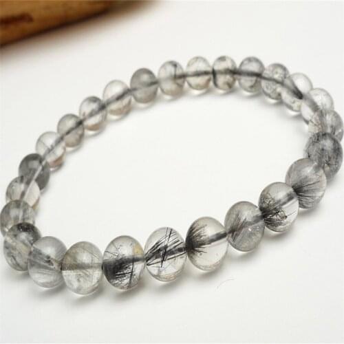 7mm Genuine Natural Grey Needle Hair Rutilated Quartz Crystal Beads Stretch Charm Bracelet Femme Free Shipping Just One
