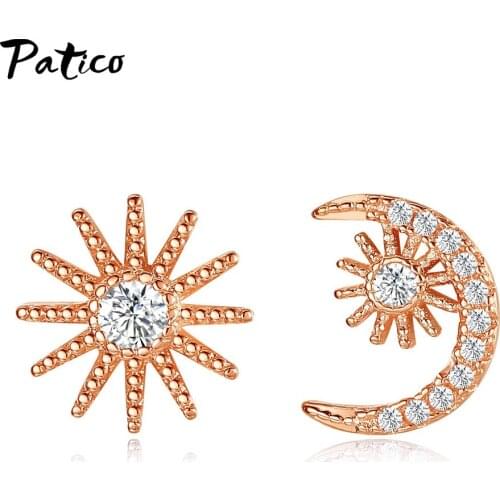 Luxury 925 Sterling Silver Moon Star Stud Earrings For Women Temperament Asymmetric Eaarrings Korean Fashion Party Gift