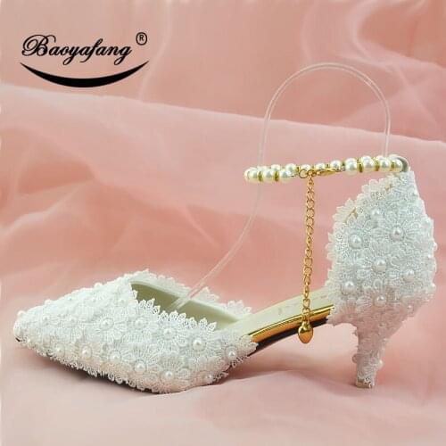 White Flower Ankle Strap Shoes Woman Buckle shoe Pearl Wedding shoes Bride Lace-Up Ladies Party dress Pumps female