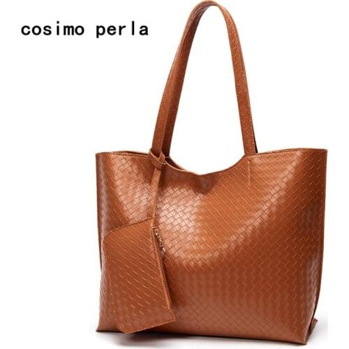 Vintage Trendy Women Composite Bag PU Leather Knitting Plaid Pattern Big Tote Handbags with Purses Diamond Lattice Shoulder Bags