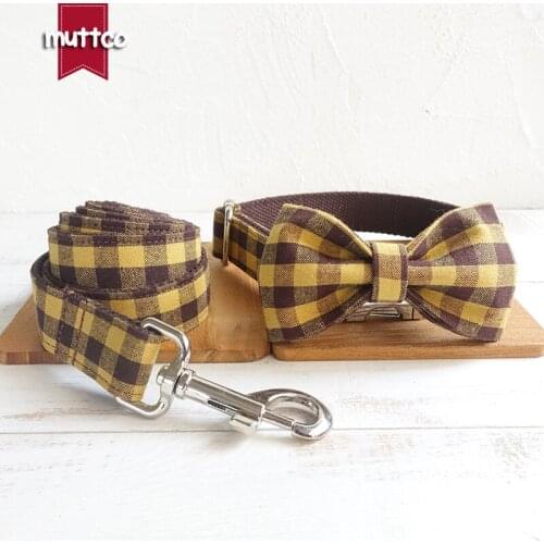 MUTTCO laser engraved bow tie pet collar leash THE BROWN YELLOW PLAID anti-lost security training 5 sizes UDC067